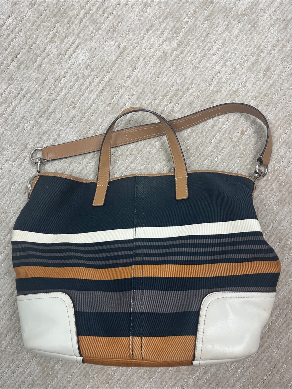Coach Hadley F30302 Canvas Leather Shoulder Tote Bag Black Tan White Stripe